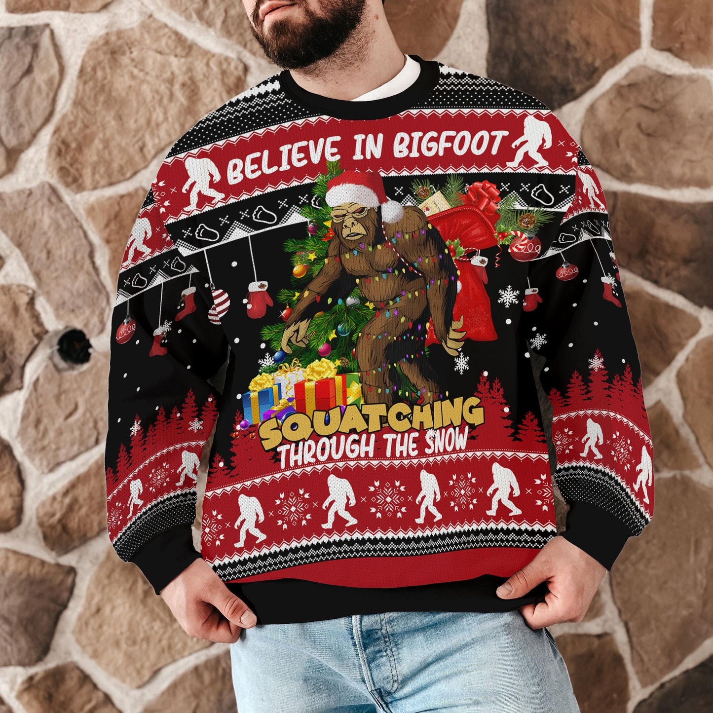 Bigfoot Ugly Christmas Sweater, Funny Sasquatch Squatching Through the Snow Ugly Xmas Sweatshirt, Believe in Bigfoot Holiday Party Outfit