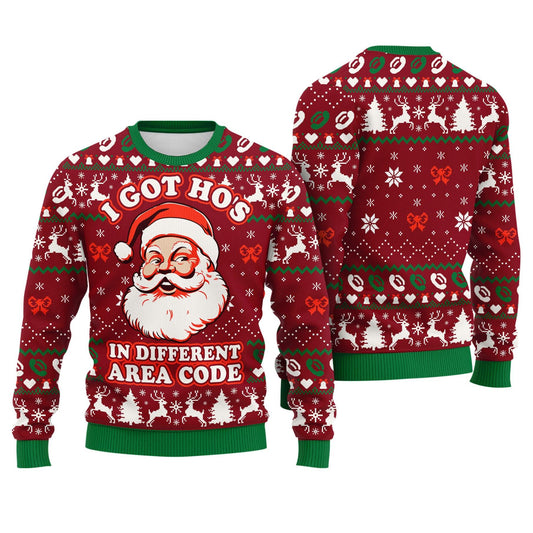 Funny Santa Ugly Christmas Sweater, I Got Ho's In Different Area Code, Funny Xmas Sweatshirt, Christmas Party Gift, Family Ugly Xmas Sweater