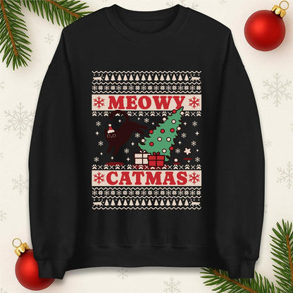 Meowy Catmas Ugly Christmas Jumper with Black Cat Tree Design, Funny Xmas Cat Hoodie, Holiday Cat Lover T Shirt, Kitty Gift Top
