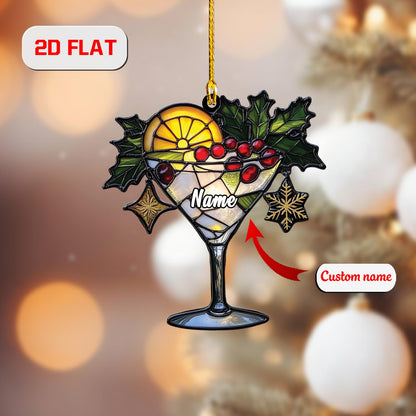 Cocktail Ornament, Personalized Christmas Tree Decoration, Custom Name Holiday Gift, Festive Drink Ornament For Party And Home Bar