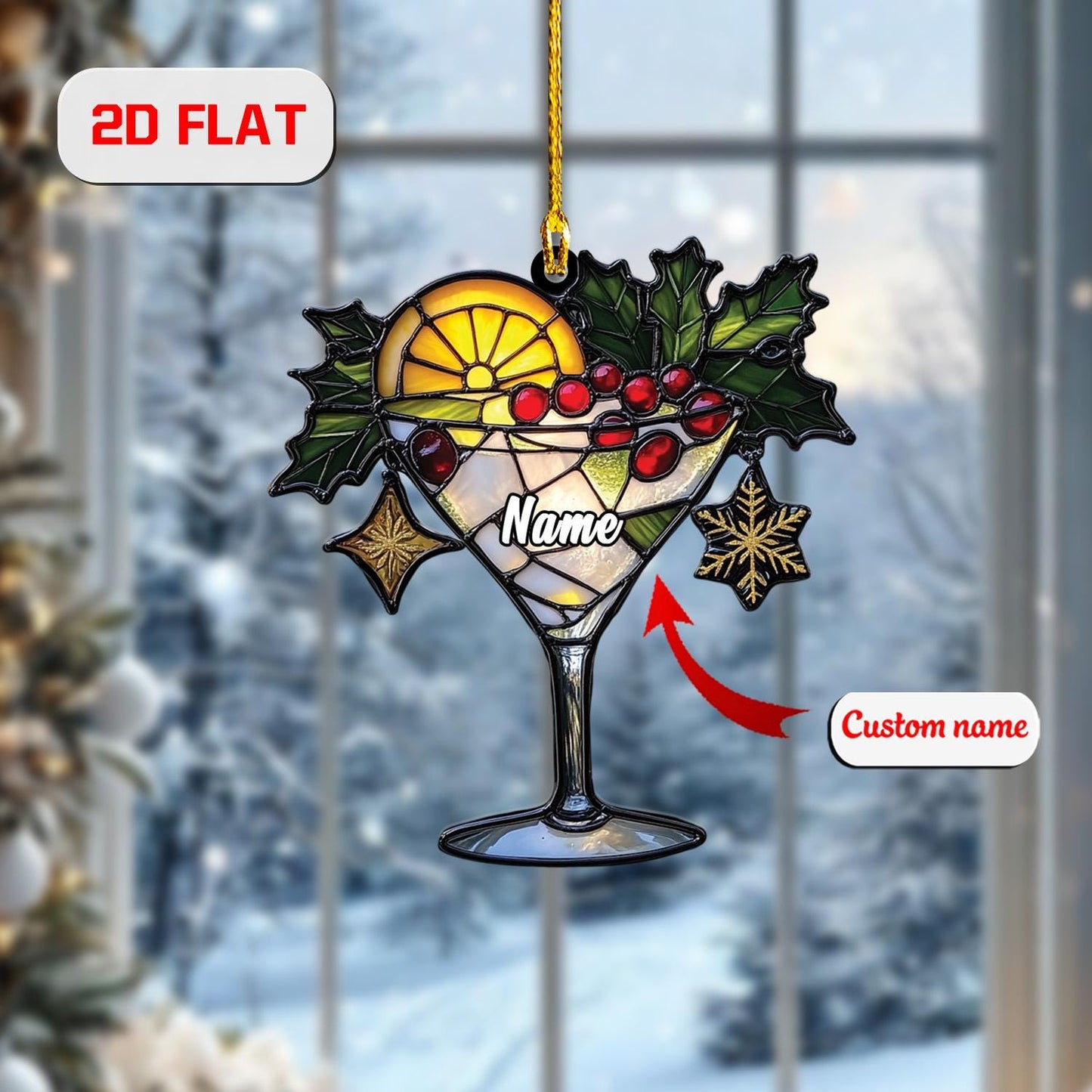 Cocktail Ornament, Personalized Christmas Tree Decoration, Custom Name Holiday Gift, Festive Drink Ornament For Party And Home Bar