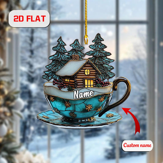 Cabin Cup Ornament, Personalized Christmas Tree Decoration, Custom Name Winter Holiday Gift, Cozy Cabin In The Woods Ornament For Family
