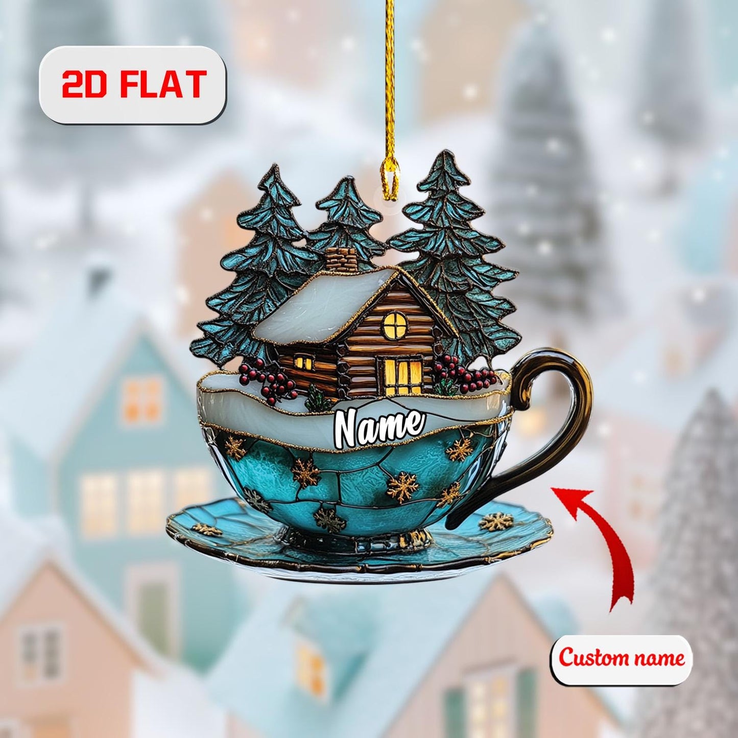 Cabin Cup Ornament, Personalized Christmas Tree Decoration, Custom Name Winter Holiday Gift, Cozy Cabin In The Woods Ornament For Family