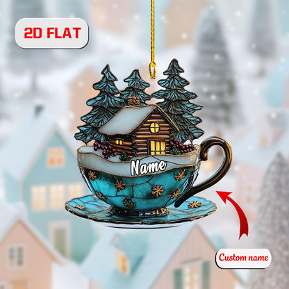 Cabin Cup Ornament, Personalized Christmas Tree Decoration, Custom Name Winter Holiday Gift, Cozy Cabin In The Woods Ornament For Family