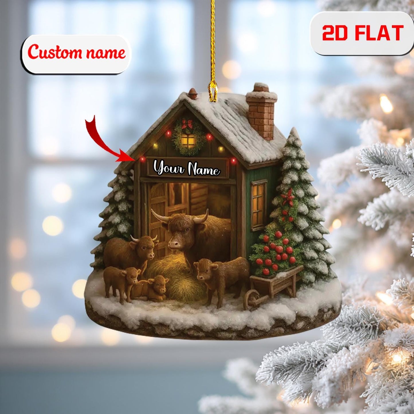 2D Acrylic Christmas Ornament, Custom Name Farmhouse Barn Decor, Personalized Country Ornament, Holiday Gift for Farmer, Rustic Xmas Tree