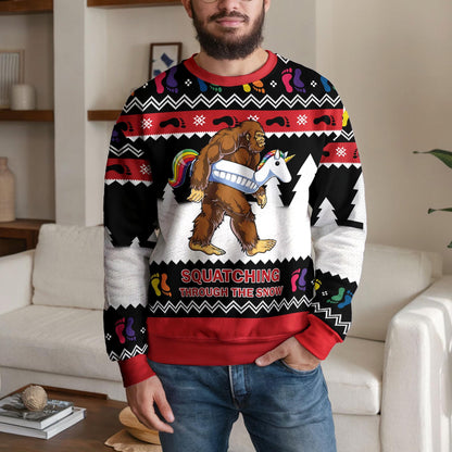 Squatching Through The Snow Bigfoot Ugly Christmas Sweater, Funny Sasquatch Unicorn Holiday Sweatshirt, Novelty Xmas Party Jumper Outfit