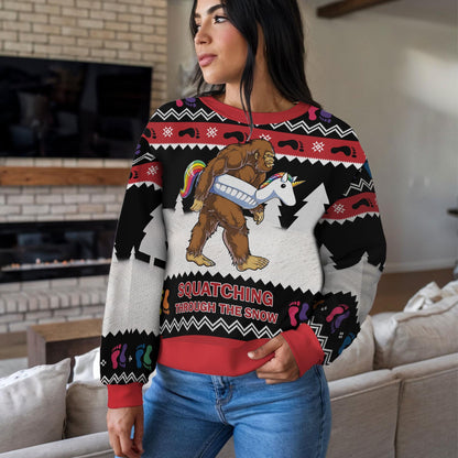 Squatching Through The Snow Bigfoot Ugly Christmas Sweater, Funny Sasquatch Unicorn Holiday Sweatshirt, Novelty Xmas Party Jumper Outfit