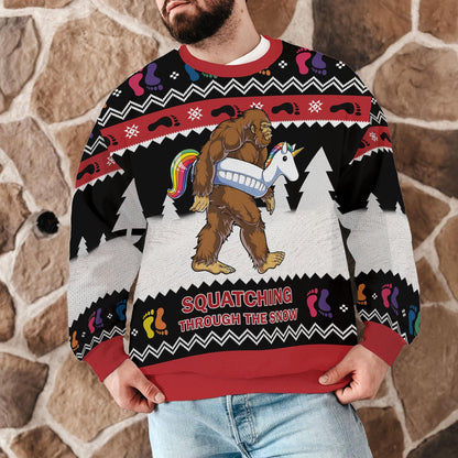 Squatching Through The Snow Bigfoot Ugly Christmas Sweater, Funny Sasquatch Unicorn Holiday Sweatshirt, Novelty Xmas Party Jumper Outfit