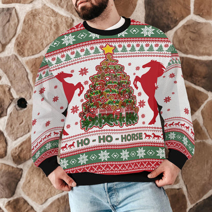 Funny Horse Christmas Tree Ugly Sweater, Funny Ho Ho Horse Holiday Sweatshirt, Equestrian Xmas Jumper Gift for Men Women Kids