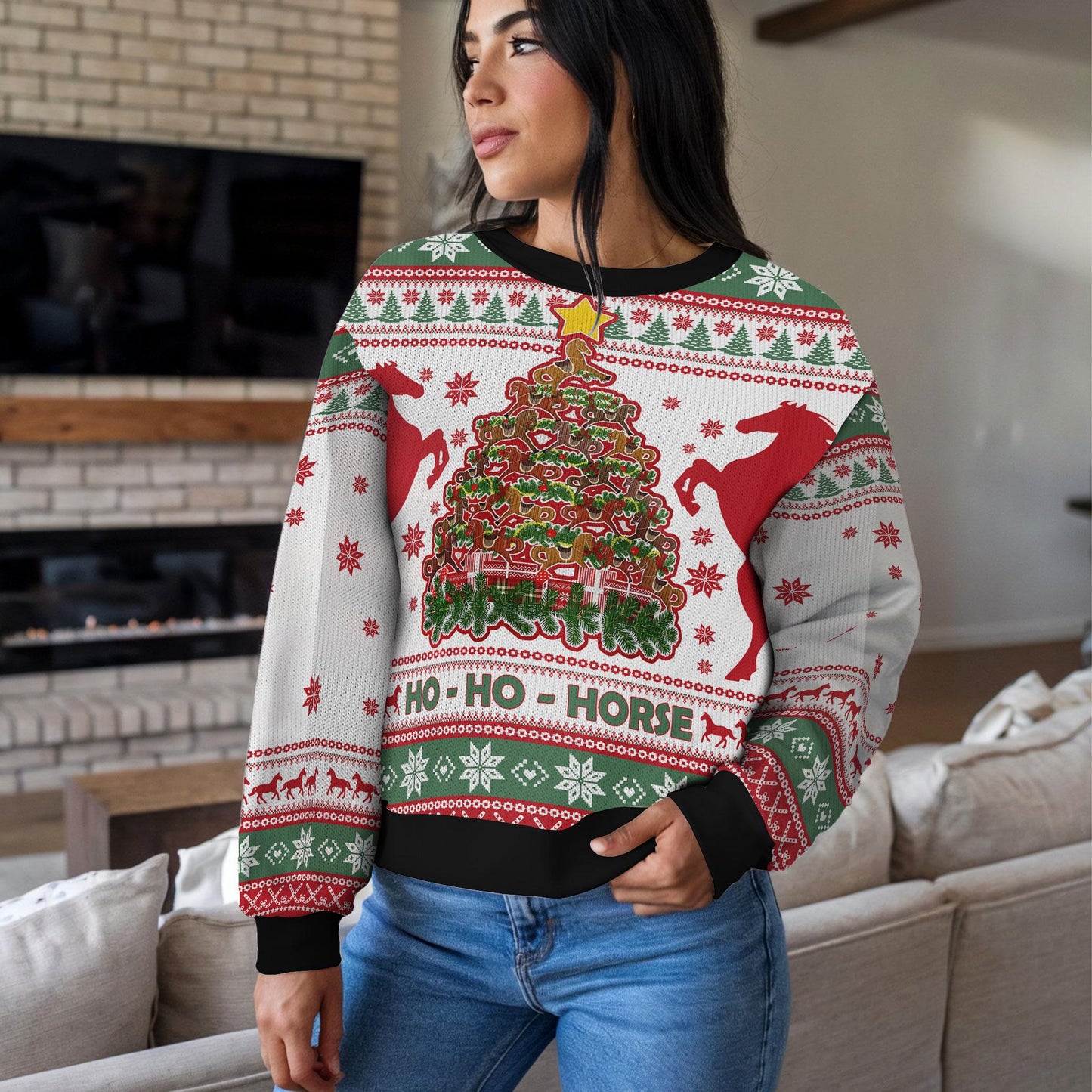 Funny Horse Christmas Tree Ugly Sweater, Funny Ho Ho Horse Holiday Sweatshirt, Equestrian Xmas Jumper Gift for Men Women Kids