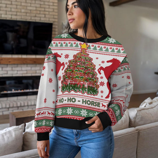 Funny Horse Christmas Tree Ugly Sweater, Funny Ho Ho Horse Holiday Sweatshirt, Equestrian Xmas Jumper Gift for Men Women Kids
