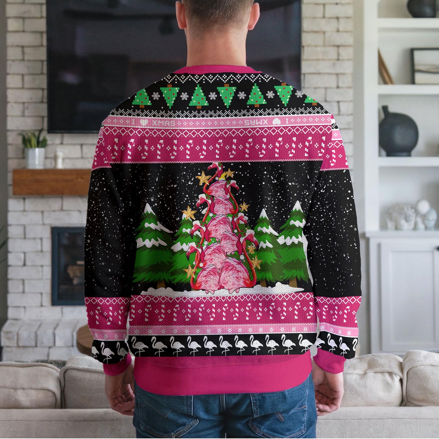 Merry Flocking Flamingo Ugly Christmas Sweater Funny Pink Bird Xmas Jumper Tropical Holiday Sweatshirt Gift For Men Women