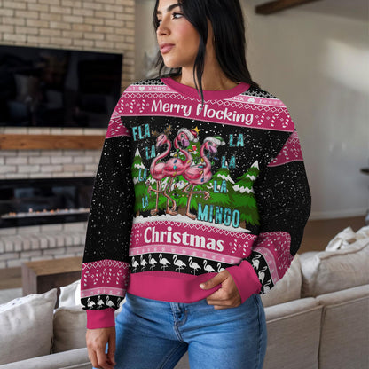 Merry Flocking Flamingo Ugly Christmas Sweater Funny Pink Bird Xmas Jumper Tropical Holiday Sweatshirt Gift For Men Women