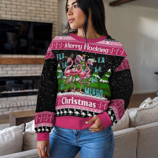 Merry Flocking Flamingo Ugly Christmas Sweater Funny Pink Bird Xmas Jumper Tropical Holiday Sweatshirt Gift For Men Women