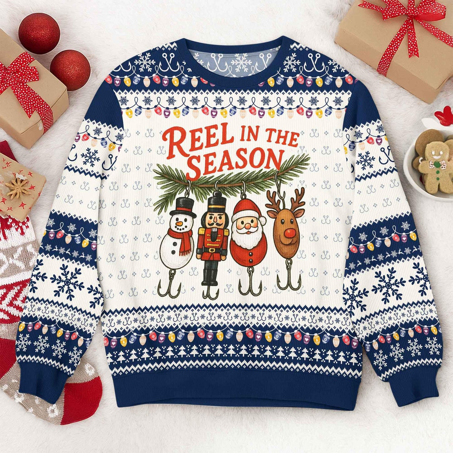 Funny Fishing Ugly Christmas Sweater, Reel in The Season Holiday Sweatshirt, Fisherman Xmas Jumper, Novelty Holiday Party Outfit