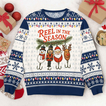 Funny Fishing Ugly Christmas Sweater, Reel in The Season Holiday Sweatshirt, Fisherman Xmas Jumper, Novelty Holiday Party Outfit