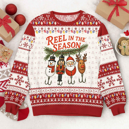 Funny Fishing Ugly Christmas Sweater, Reel in The Season Holiday Sweatshirt, Fisherman Xmas Jumper, Novelty Holiday Party Outfit