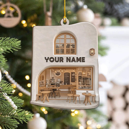 Personalized Coffee Shop Christmas Ornament, Cozy Coffee Lover Gift, Custom Name Miniature Cafe Decor, Unique Barista Holiday Present