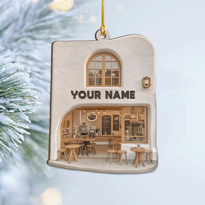 Personalized Coffee Shop Christmas Ornament, Cozy Coffee Lover Gift, Custom Name Miniature Cafe Decor, Unique Barista Holiday Present