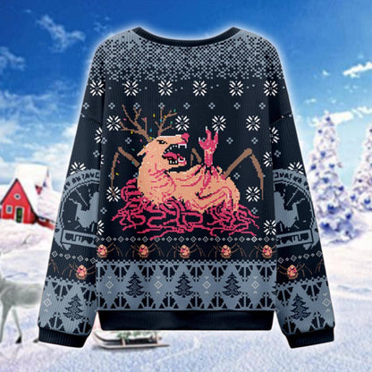 Cursed Reindeer Ugly Christmas Sweater, Creepy Deer Monster Knit Jumper, Horror Xmas Sweatshirt, Weird Holiday Gift for Him Her