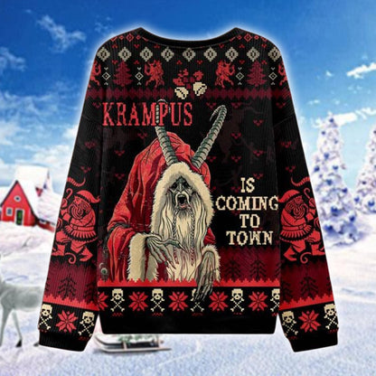 Krampus Is Coming To Town Ugly Christmas Sweater, Scary Gothic Holiday Sweatshirt, Horror Santa Xmas Jumper, Funny Creepy Christmas Gift