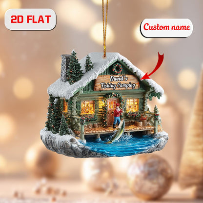 Personalized Fishing Cabin Christmas Ornament , Custom Name Camping Gift, Holiday Tree Decoration for Fisherman, Outdoor & Nature Lover