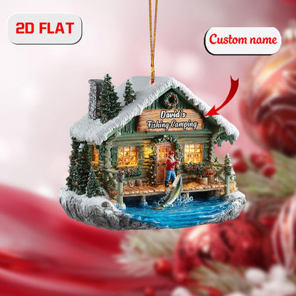 Personalized Fishing Cabin Christmas Ornament , Custom Name Camping Gift, Holiday Tree Decoration for Fisherman, Outdoor & Nature Lover