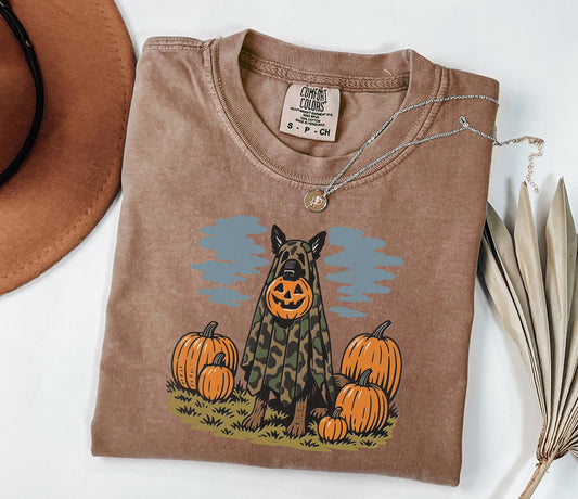 Comfort Colors® Halloween German Shepherd Shirt, Camo Ghost Dog with Pumpkin Head Shirt, Funny Dog Costume Fall Shirt, Vintage Dog Shirt