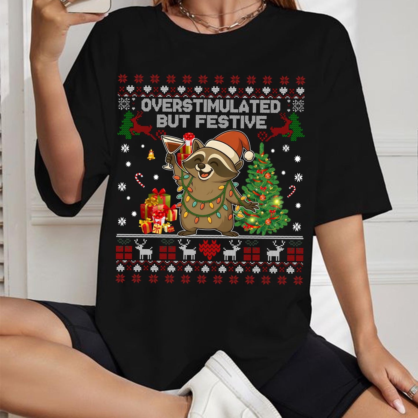 Ugly Overstimulated but Festive Raccoon Christmas Sweatshirt, Unisex Holiday Sweatshirt, Funny Hoodie Gift, Trending Xmas Apparel