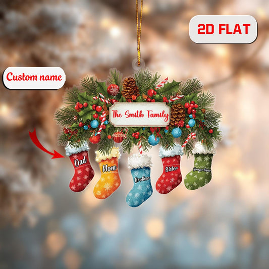 Custom Family Stocking Ornament, Personalized Christmas Decoration with Names, Unique Holiday Gift for Parents Kids Siblings