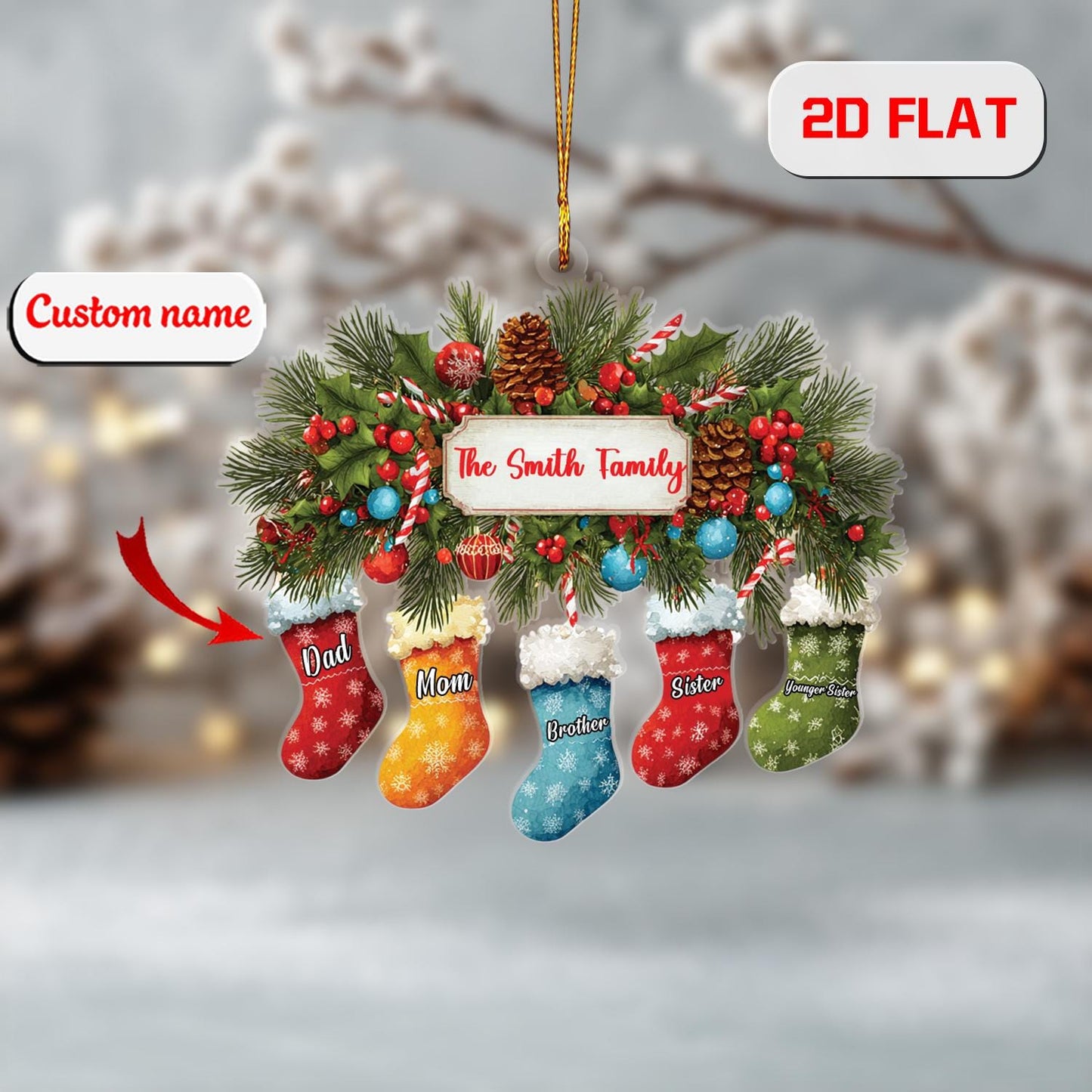 Custom Family Stocking Ornament, Personalized Christmas Decoration with Names, Unique Holiday Gift for Parents Kids Siblings