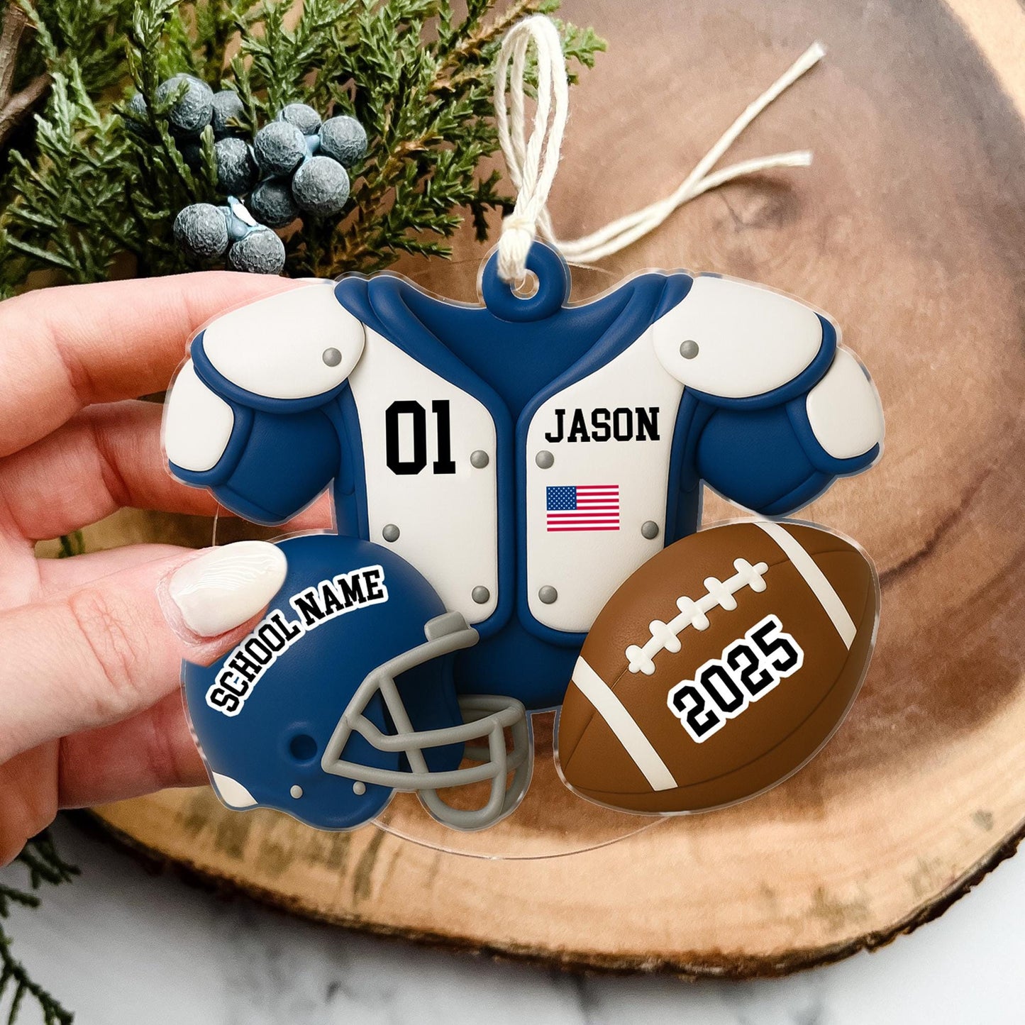 Football Player Ornament: Custom Name Acrylic Keepsake, American Football Uniform 2D Flat