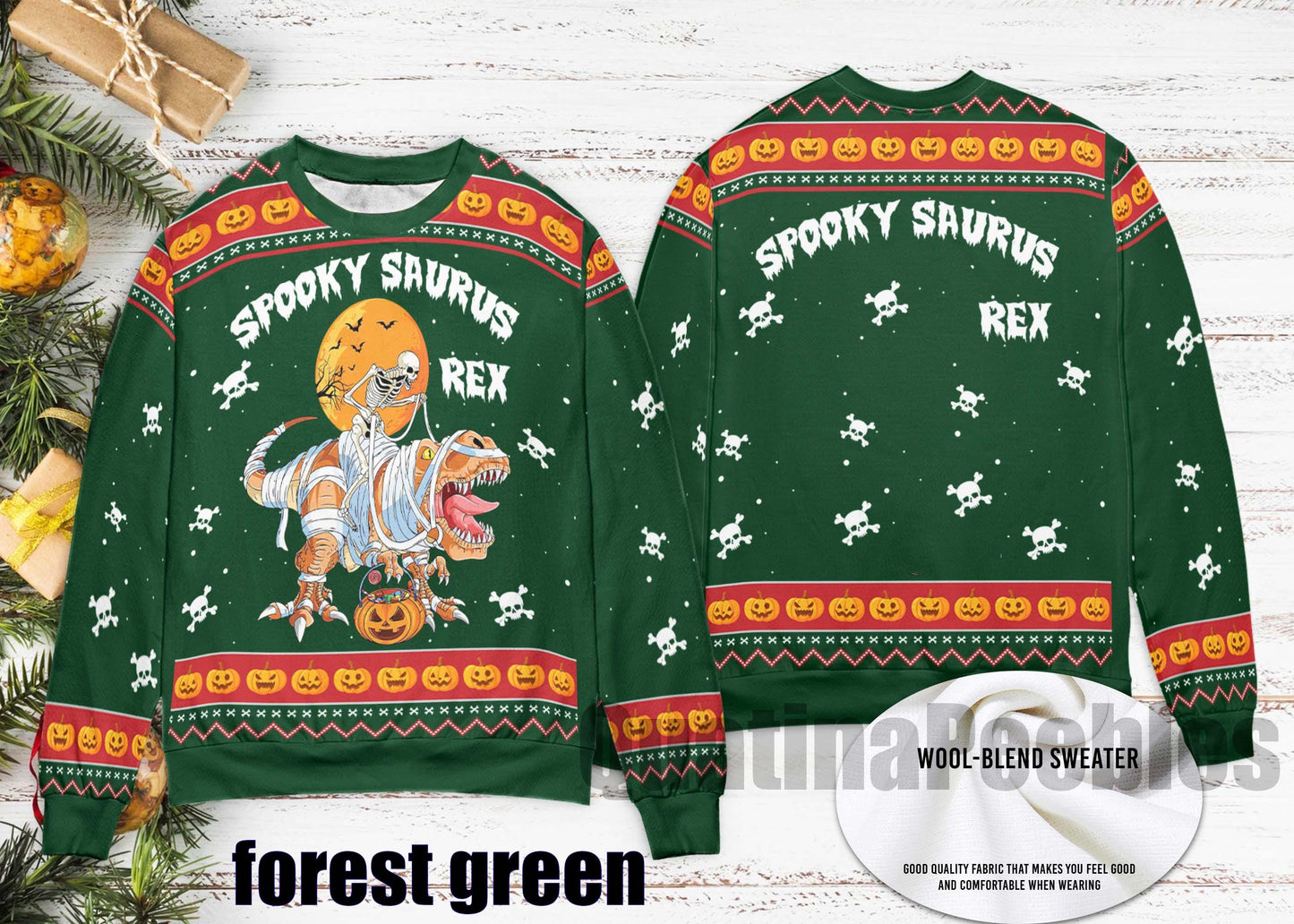 Spooky Saurus Rex Ugly Xmas Sweater – Funny Dinosaur HalloweenChristmas Sweater, T-Rex Mummy Skeleton Pumpkin Pullover, Ugly Xmas Sweater