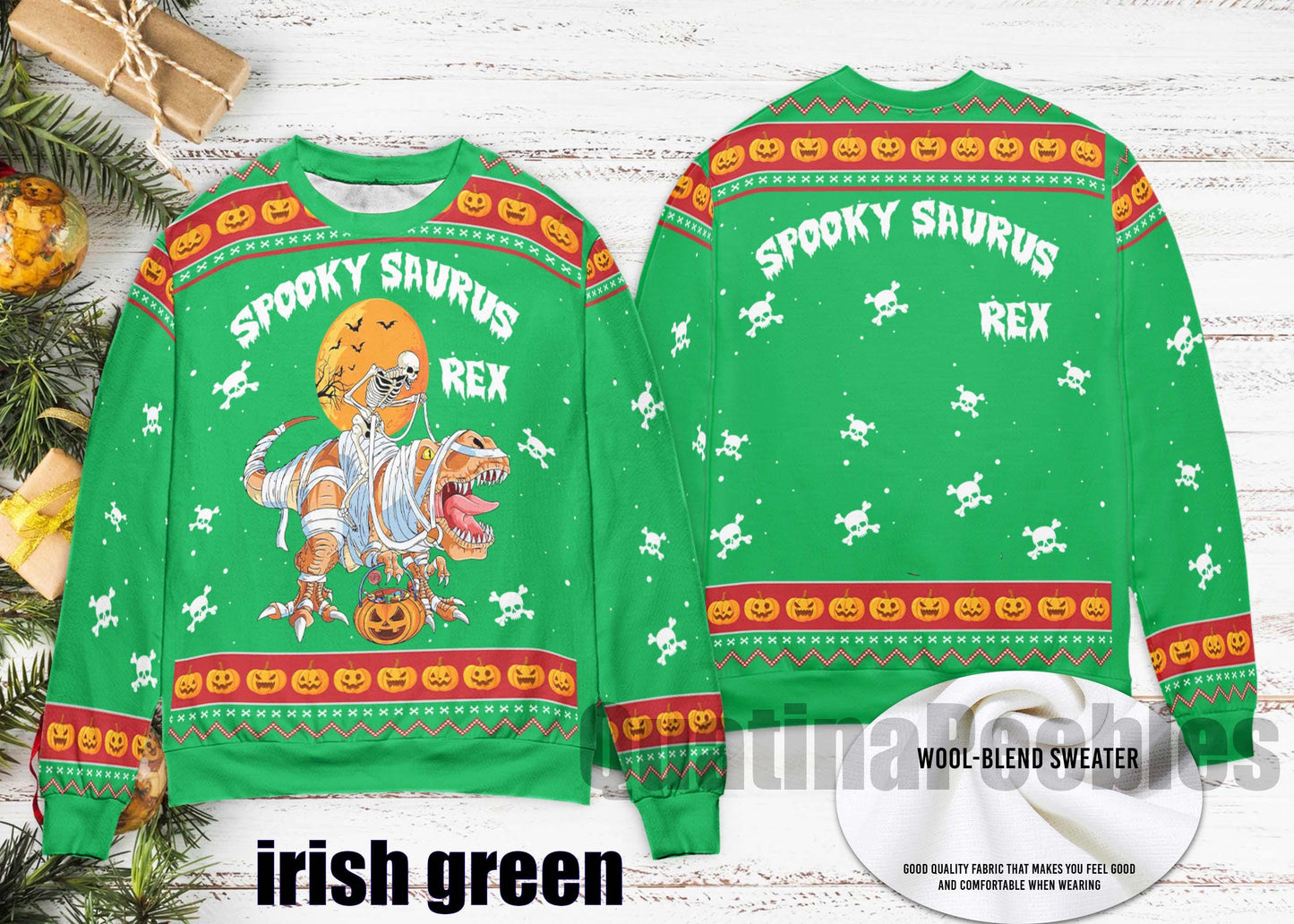 Spooky Saurus Rex Ugly Xmas Sweater – Funny Dinosaur HalloweenChristmas Sweater, T-Rex Mummy Skeleton Pumpkin Pullover, Ugly Xmas Sweater