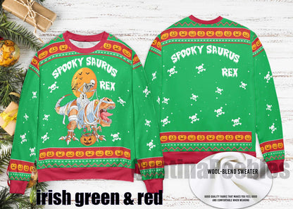 Spooky Saurus Rex Ugly Xmas Sweater – Funny Dinosaur HalloweenChristmas Sweater, T-Rex Mummy Skeleton Pumpkin Pullover, Ugly Xmas Sweater