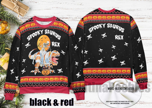 Spooky Saurus Rex Ugly Xmas Sweater – Funny Dinosaur HalloweenChristmas Sweater, T-Rex Mummy Skeleton Pumpkin Pullover, Ugly Xmas Sweater