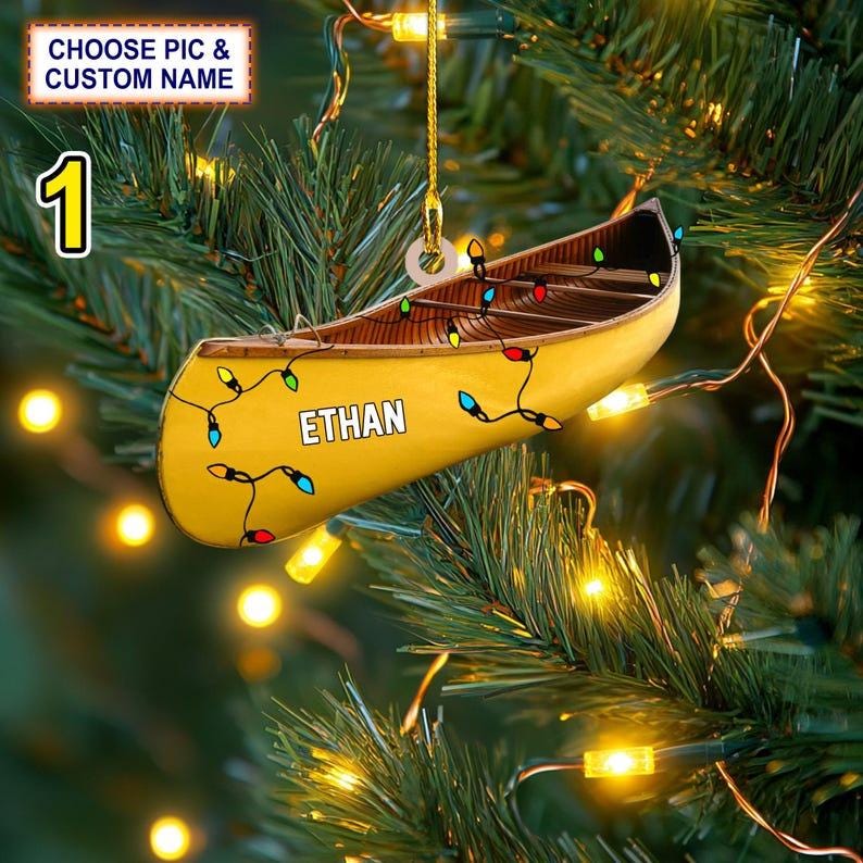 Custom Name Canoe Xmas Personalized Ornament, Christmas Tree Hanging Decor, Christmas Ornament, 2D Flat Ornamen