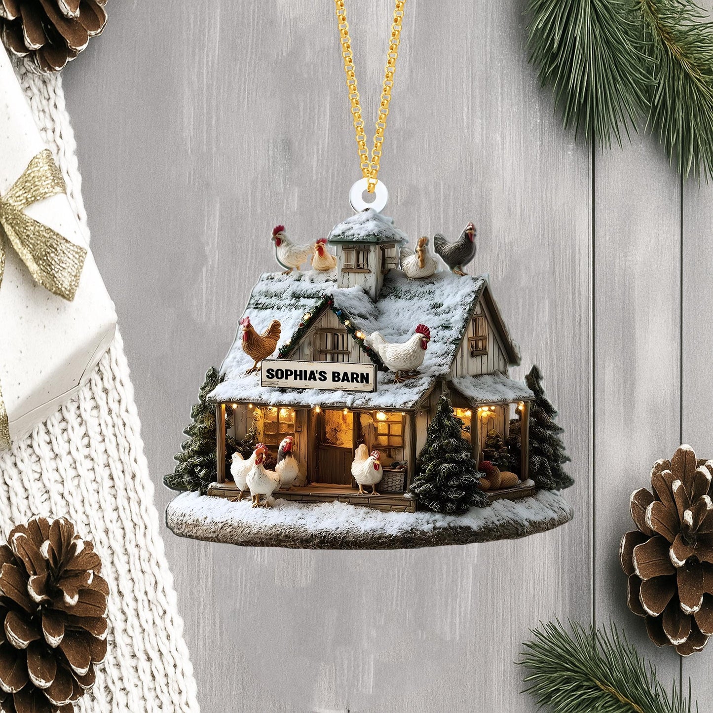 Farmhouse Chicken Barn Christmas Ornament, Farmhouse Holiday Tree Decoration for Xmas, Rustic Country Holiday Tree Decoration, Xmas Gift