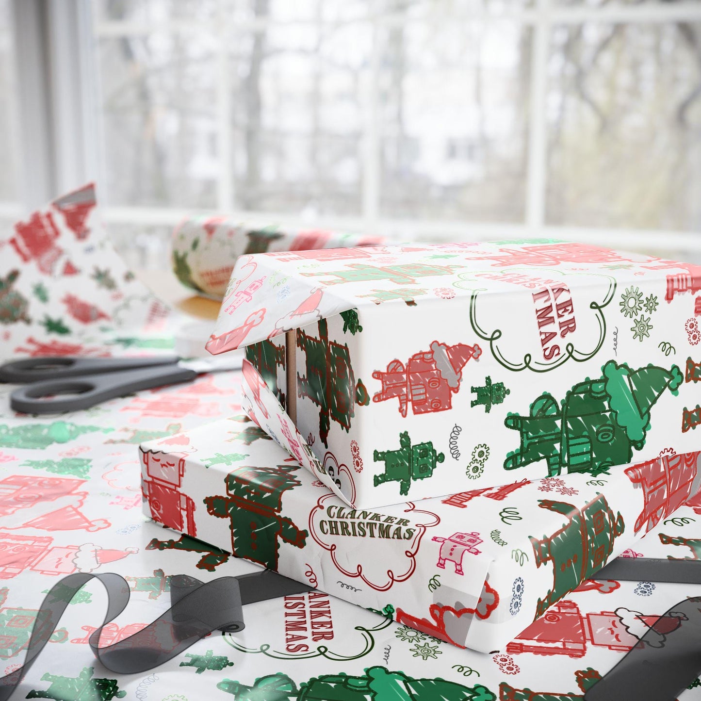 Kids Christmas Wrapping Paper: Funny Robot Ornament Design, Clanker Christmas