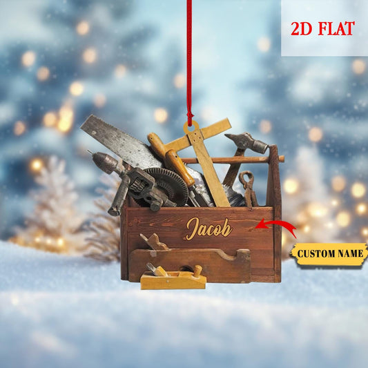 Personalized Carpenter Tool Box Ornament, Woodworking Christmas Decoration, Gift for Arborist, Tree Trimmer Cutter Decor, Arborist Christmas