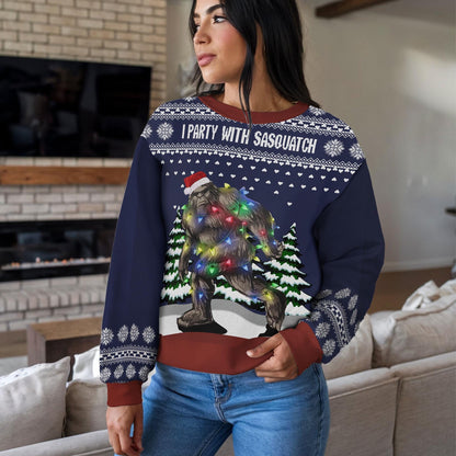 I Party With Sasquatch Ugly Christmas Sweater, Funny Bigfoot Xmas Sweatshirt for Men Women, Holiday Party Outfit Winter Gift Pullover