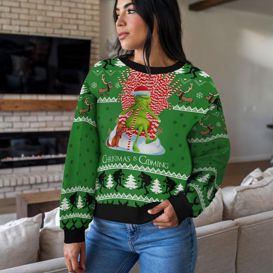 Funny Green Grinch Christmas Is Coming Sweater for Men Women, Holiday Grinch Style Ugly Christmas Sweater, Cozy Winter Party Pullover Gift
