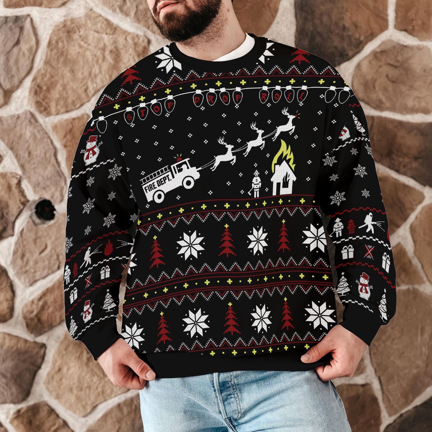 Funny Firefighter Ugly Christmas Sweater for Men, Fire Department Holiday Sweatshirt, Xmas Party Gift for Fireman, Fire Truck Reindeer Knit
