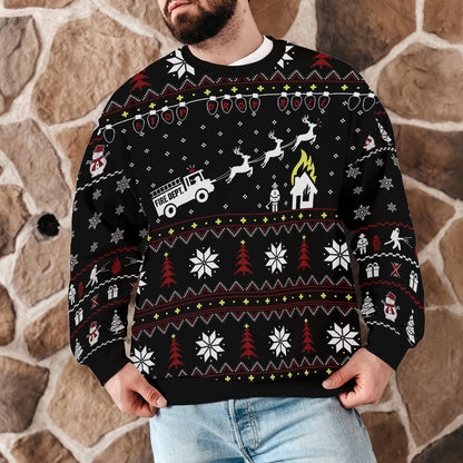 Funny Firefighter Ugly Christmas Sweater for Men, Fire Department Holiday Sweatshirt, Xmas Party Gift for Fireman, Fire Truck Reindeer Knit