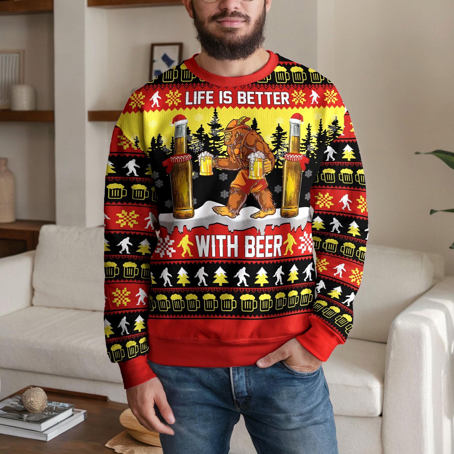 Life Is Better with Beer Ugly Xmas Sweatshirt, Funny Beer Christmas Sweater for Men, Bigfoot Holiday Party Gift for Beer Lovers