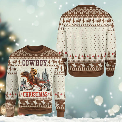 Cowboy Bigfoot Dinosaur Ugly Christmas Sweater: Funny Western Holiday Pullover