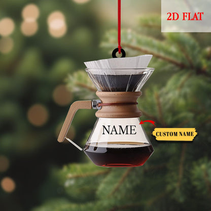 Personalized Coffee Pot Holiday Acrylic Ornament, Faux Glass Pour Over Brewer Acrylic Ornament, Coffee Lover Barista Christmas Decor Gift