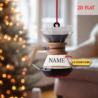 Personalized Coffee Pot Holiday Acrylic Ornament, Faux Glass Pour Over Brewer Acrylic Ornament, Coffee Lover Barista Christmas Decor Gift