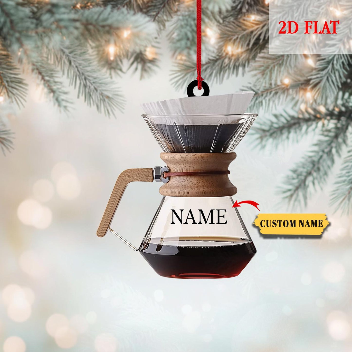 Personalized Coffee Pot Holiday Acrylic Ornament, Faux Glass Pour Over Brewer Acrylic Ornament, Coffee Lover Barista Christmas Decor Gift