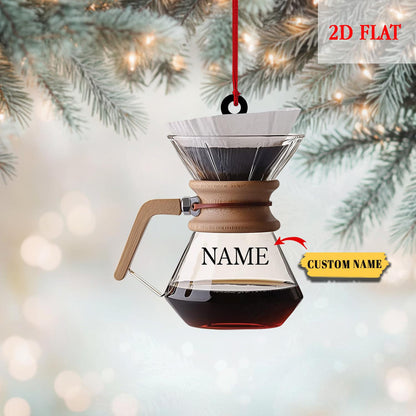 Personalized Coffee Pot Holiday Acrylic Ornament, Faux Glass Pour Over Brewer Acrylic Ornament, Coffee Lover Barista Christmas Decor Gift